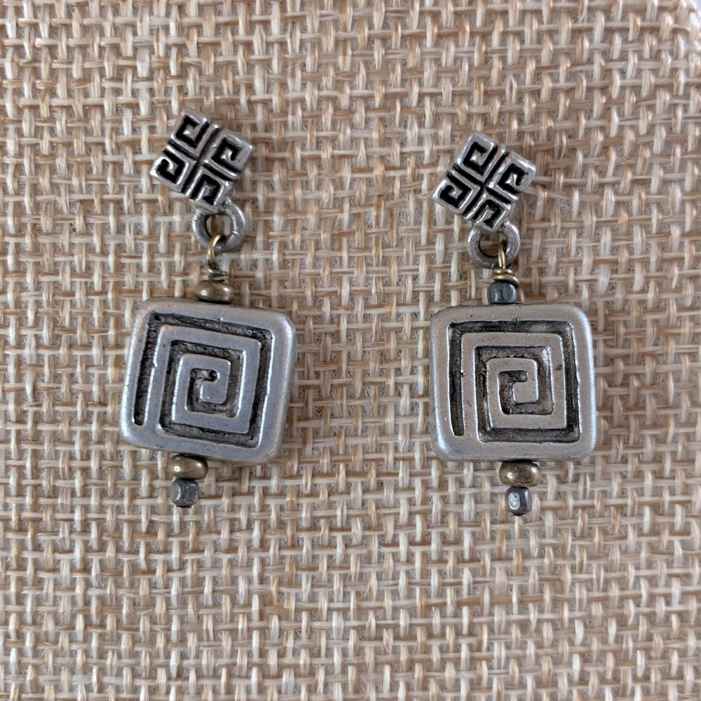 LF Signed Silvertone Greek Key Dangle Earrings
